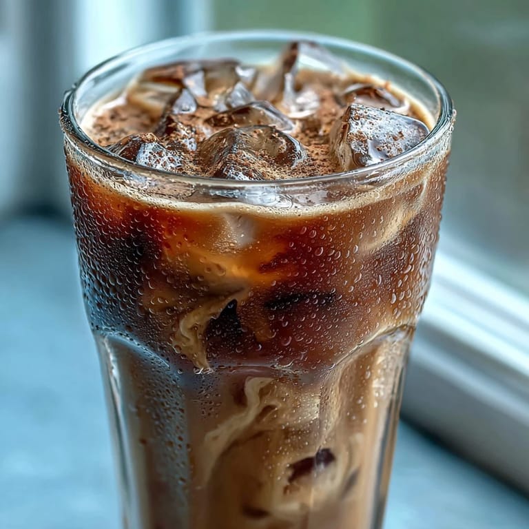 A frothy glass of Iced Hojicha with Cinnamon, garnished with a cinnamon stick, perfect for a refreshing Japanese-inspired afternoon treat. 