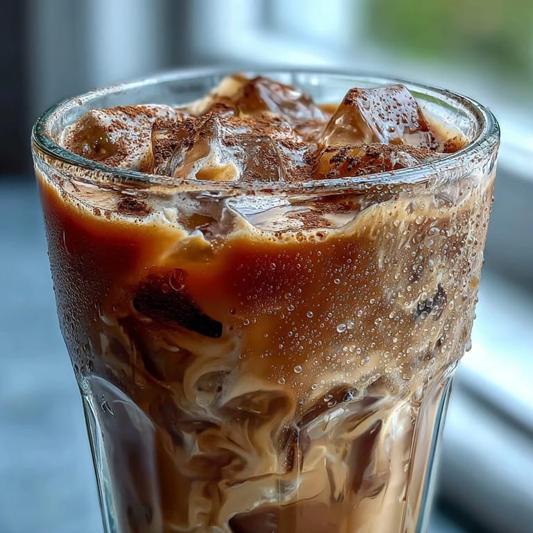 Two glasses of Iced Hojicha with Cinnamon over ice, highlighting the creamy milk swirl and the warm, roasted tea blend.