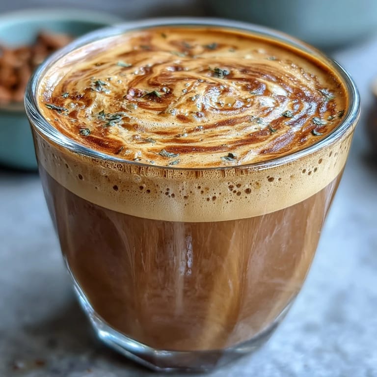 A single ceramic cup holds a richly roasted Japanese tea and milk beverage.