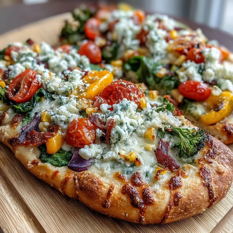Festive rainbow veggie flatbread pizza topped with colorful bell peppers and broccoli florets.
