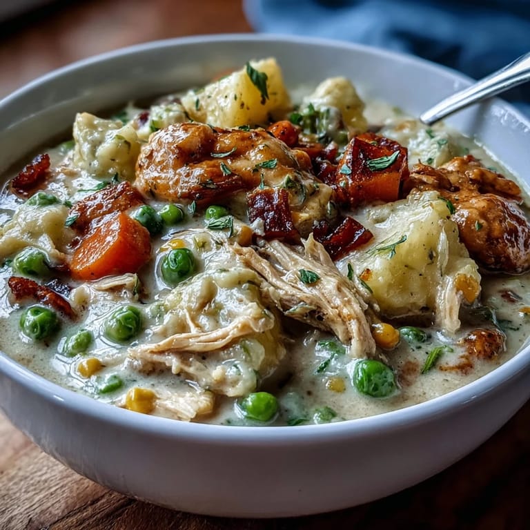 Hearty chicken pot pie soup with shredded chicken, carrots, peas, and potatoes, slow-cooked to creamy perfection.