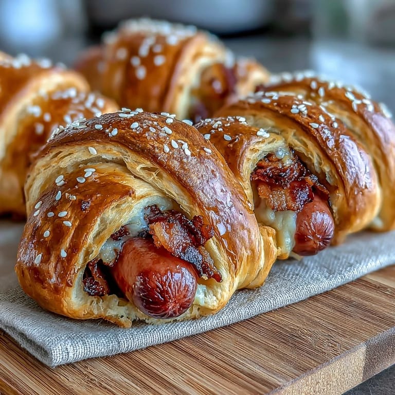 Bite-sized cocktail sausages nestled in golden crescent dough, baked until puffed and served with a creamy honey Dijon sauce.  