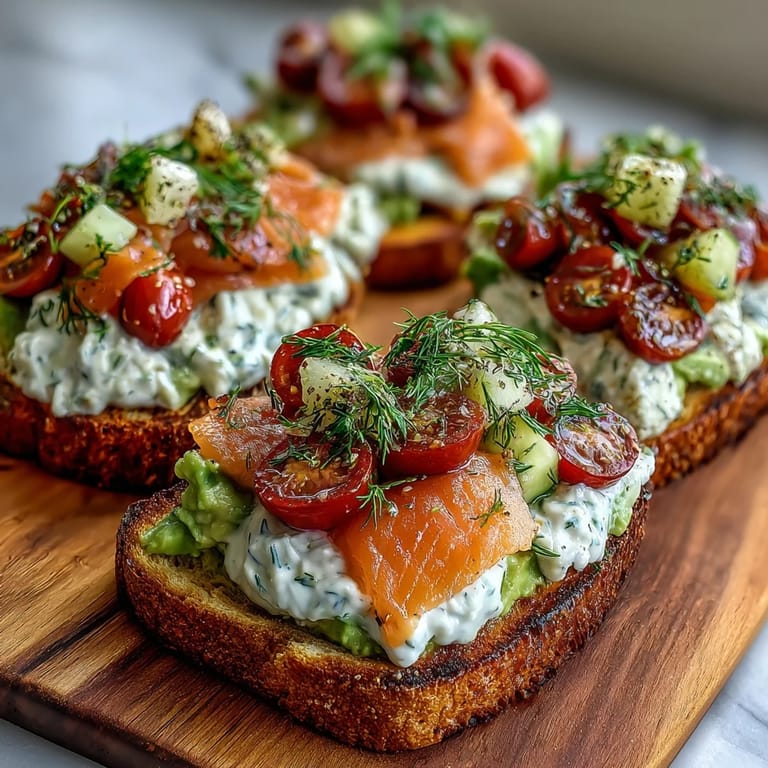Artful arrangement of rustic toast, mashed avocado, smoked salmon, and vibrant toppings perfect for spring gatherings.