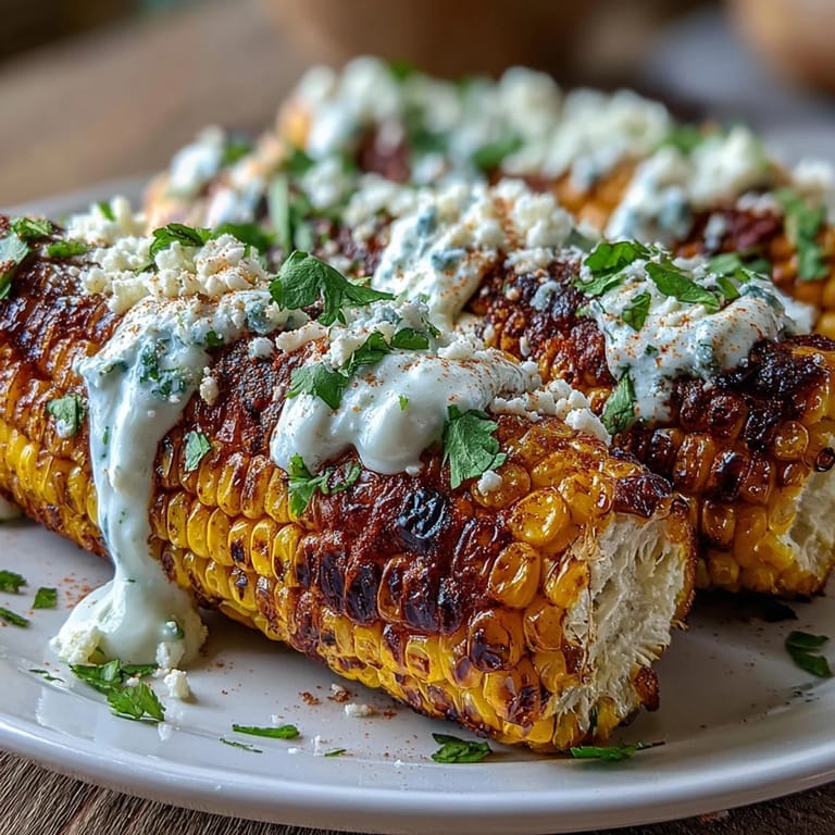Sweet corn cobs coated in creamy sauce and cotija cheese, a perfect side dish.