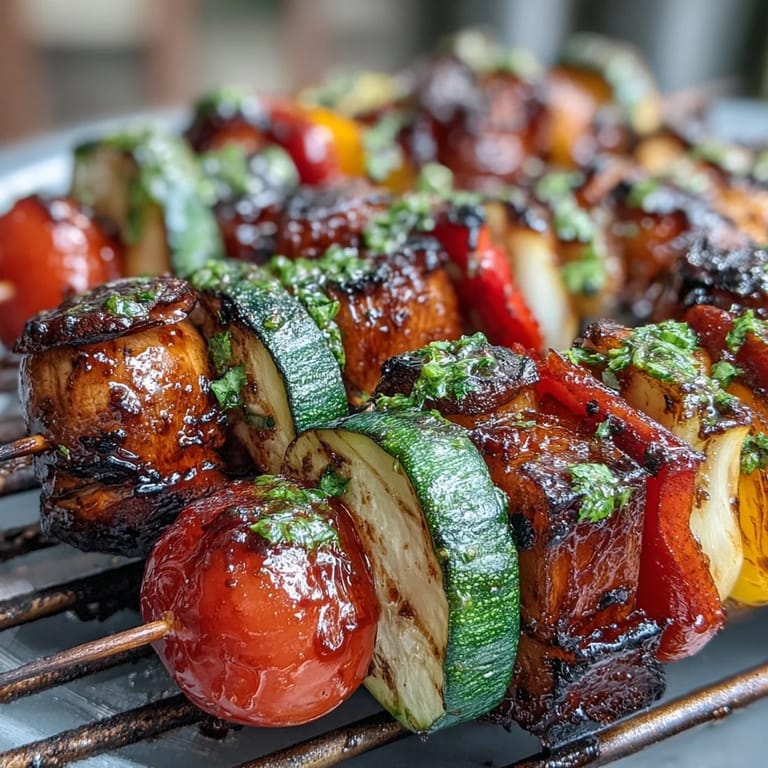 Colorful vegetable skewers charred on the grill and paired with bright chimichurri sauce, perfect for a healthy, plant-based summer meal.