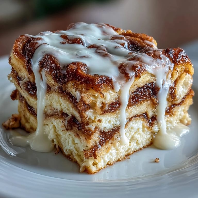 Fluffy pancake casserole baked with cinnamon swirl, drizzled with rich cream cheese glaze for a sweet breakfast treat.  