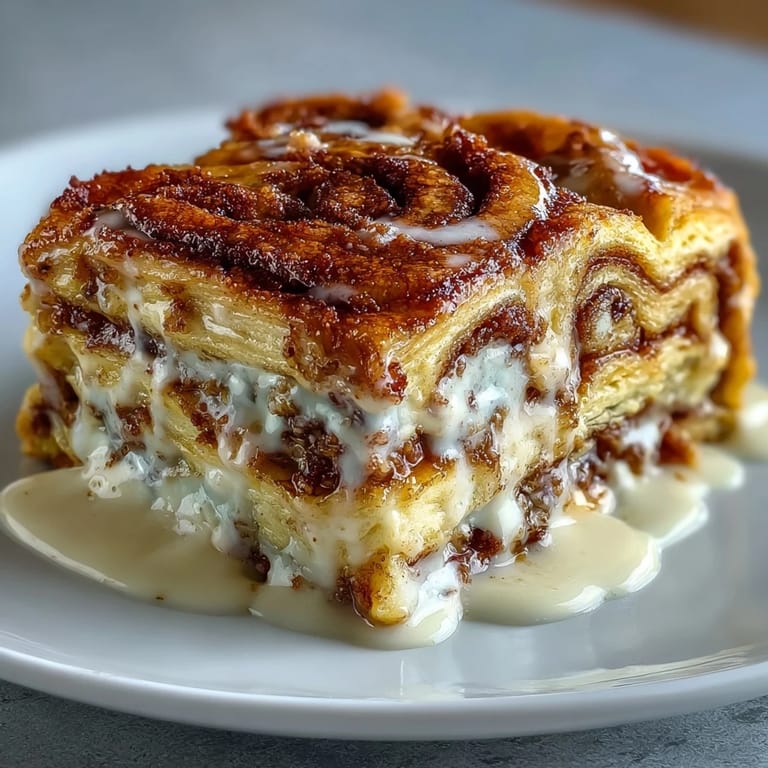 Warm cinnamon roll pancake casserole topped with smooth cream cheese glaze, perfect for a comforting brunch or holiday morning.