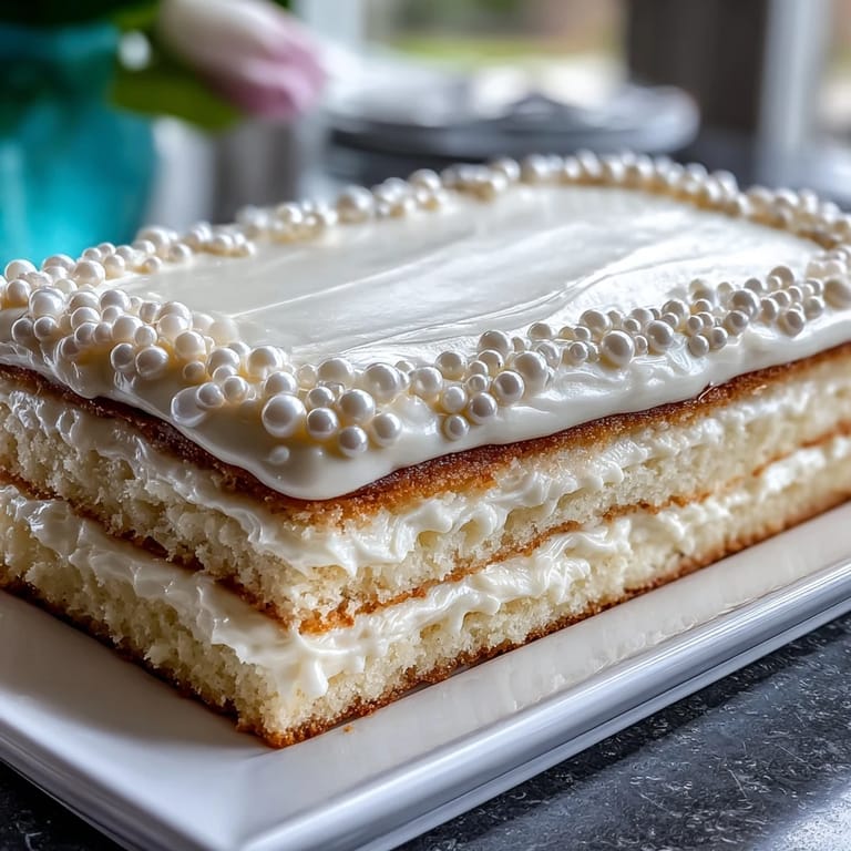 Moist vanilla sheet cake covered in smooth pearl fondant, featuring a shimmering finish ideal for a sacred First Communion party.