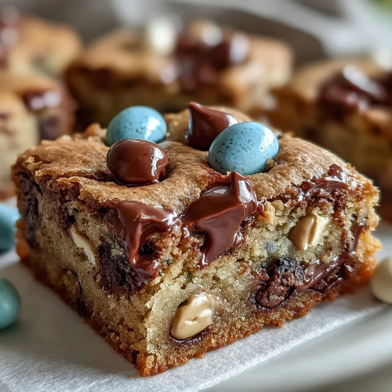 Rich, golden cookie bars loaded with creamy peanut butter and festive Easter egg chocolates, sliced into neat squares.