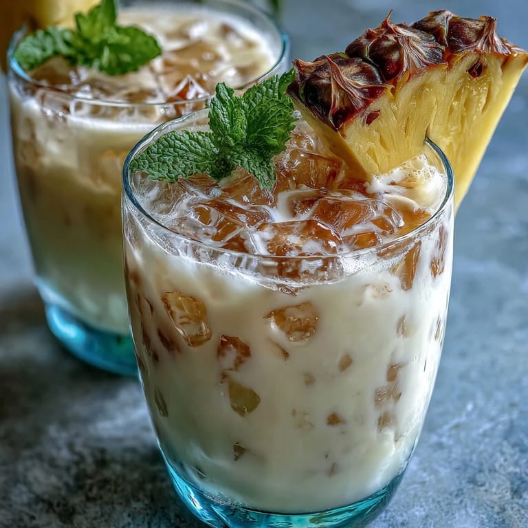 Tropical pineapple coconut agua fresca in a clear pitcher, topped with mint leaves, ready to refresh guests at a summer gathering.