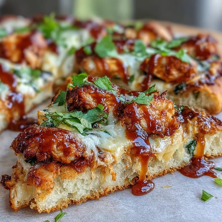 Golden flatbread topped with tender BBQ chicken, colorful bell peppers, and a drizzle of tangy BBQ sauce.  