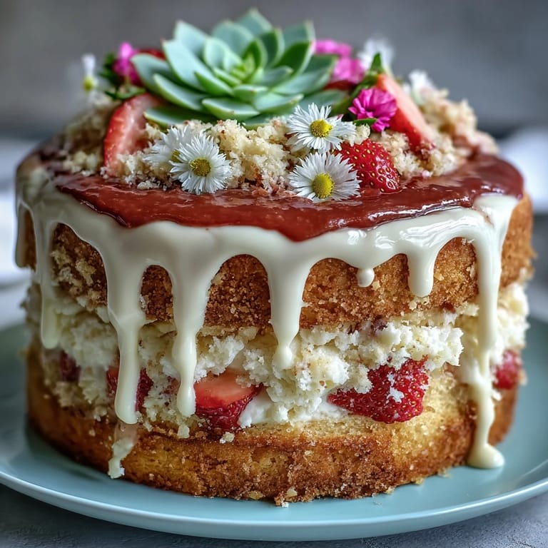 Elegant Spring Cake with Floral Drip and Strawberry Frosting - moist vanilla layers, creamy strawberry frosting, and a glossy white chocolate drip, adorned with edible flowers for a festive spring dessert.