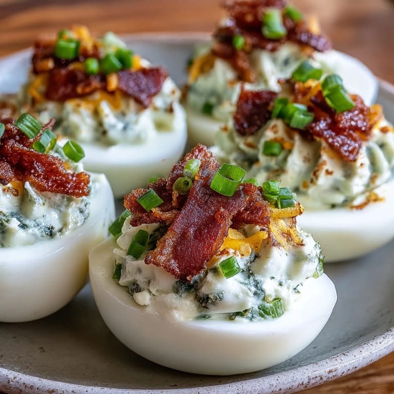 Creamy jalapeño popper deviled eggs feature tangy cream cheese, smoky bacon, and fresh jalapeño for a zesty twist.  