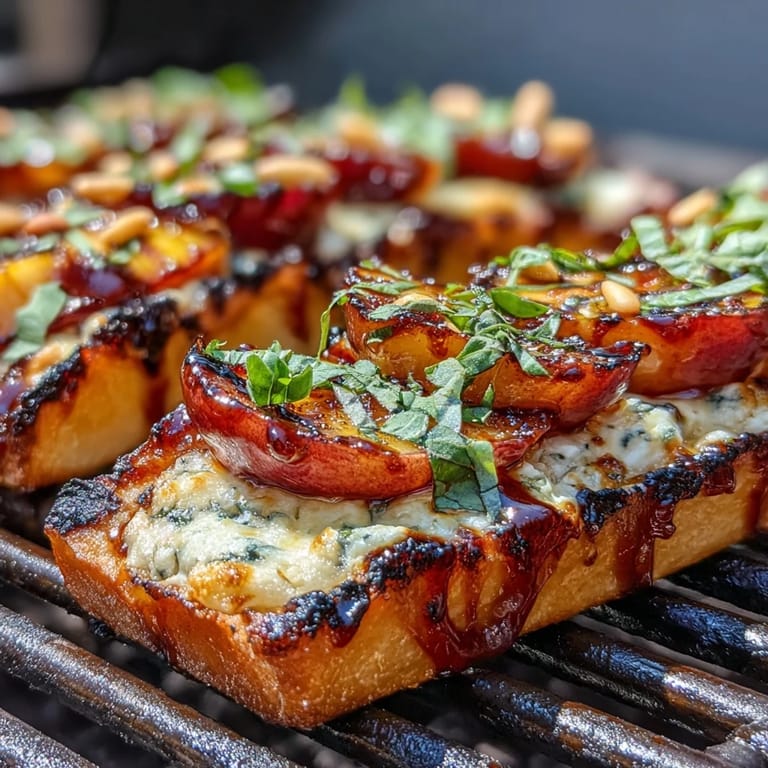Sweet and savory grilled flatbread with peaches, Brie, and BBQ sauce, perfect for summer entertaining