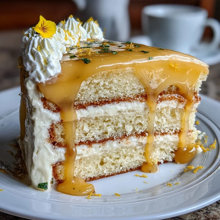 A beautiful Mother's Day Lemon Curd Layer Cake with fluffy frosting.