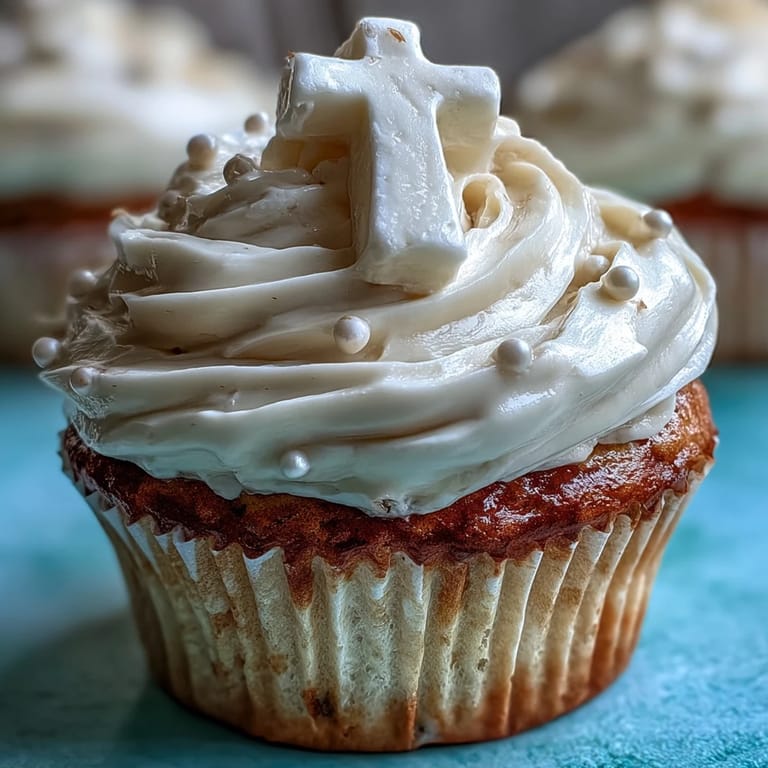 Fluffy vanilla communion cupcakes, crowned with creamy frosting and a symbolic white fondant cross.