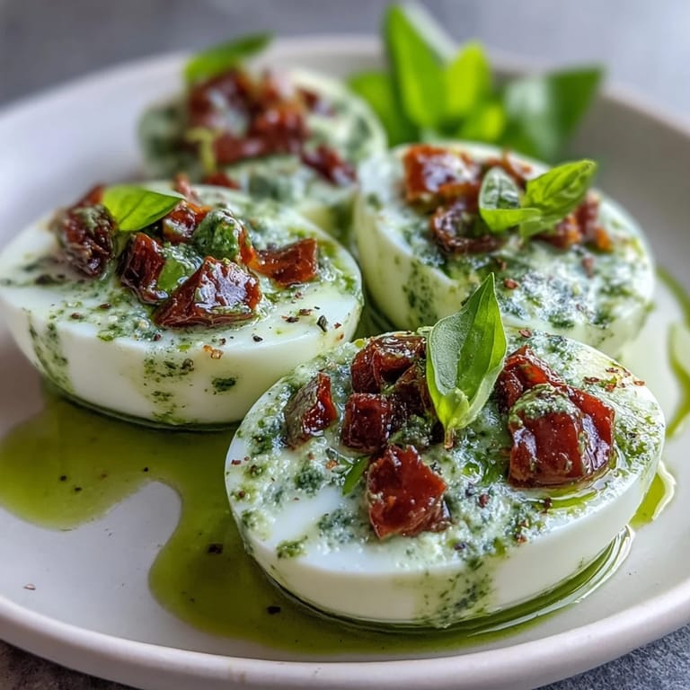Vibrant Caprese deviled eggs, a perfect Italian-inspired appetizer for parties.
