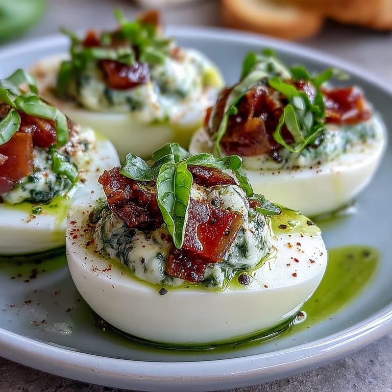 Enjoy these fresh Caprese deviled eggs, beautifully garnished with basil oil.