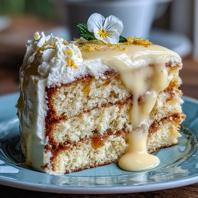 Delicate lemon cake layered with bright curd, topped with fresh flowers.