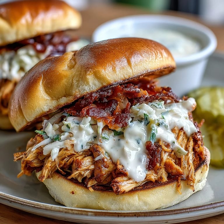 Smoked pulled chicken sandwiches with tangy white sauce, ready for a delicious bite.