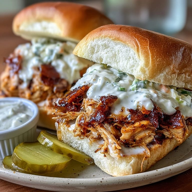 Soft buns piled high with tender smoked pulled chicken and Alabama white sauce.