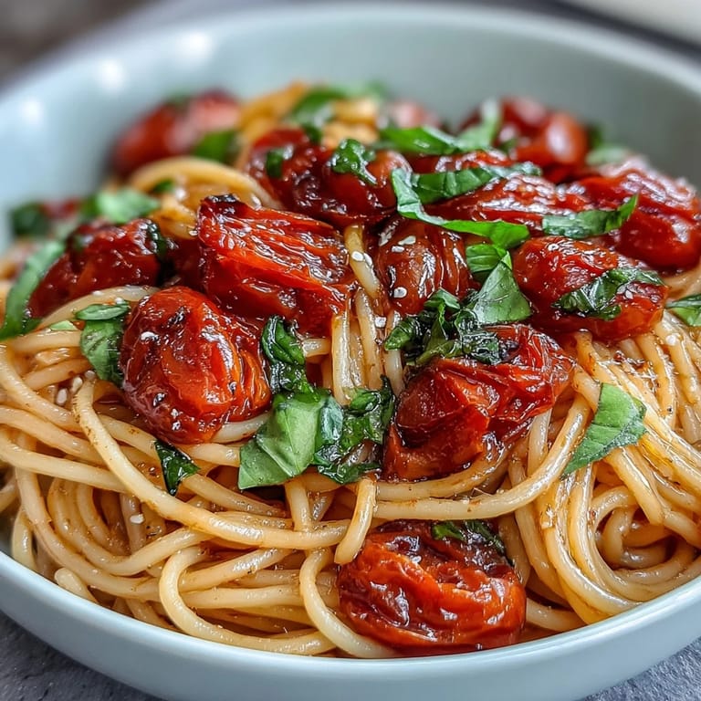Warm pasta dish, bursting with sweet confit tomatoes and fragrant garlic oil.