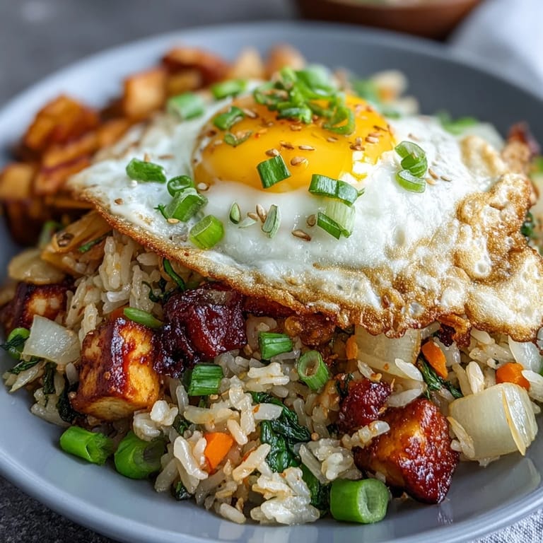 Hearty Fermented Cabbage Kimchi Fried Rice Bowl, showcasing tangy cabbage and fluffy rice.