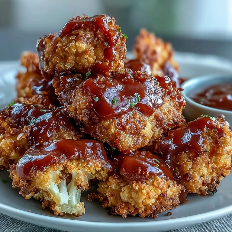 Oven-baked BBQ cauliflower wings glazed and ready for dipping with ranch.