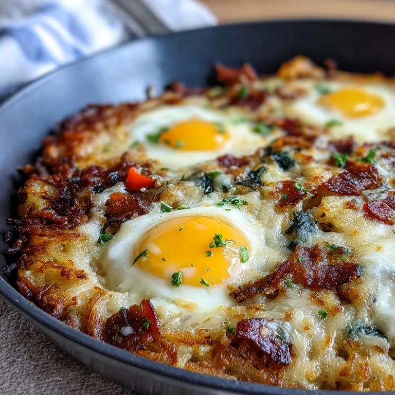 Hearty Father's Day breakfast skillet, loaded with cheesy hash browns and savory toppings.