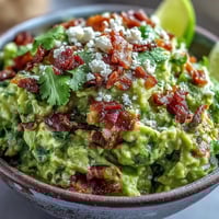 Crispy bacon and crumbled Cotija cheese top a bowl of creamy Bacon Guacamole With Cotija Cheese, garnished with fresh lime and cilantro.  