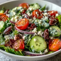 A vibrant Mediterranean Green Salad Bowl with crisp lettuce, juicy tomatoes, feta, and Kalamata olives on a white plate.