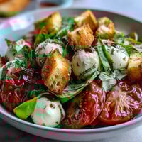 Fresh Caprese Salad Bowl with ripe tomatoes, creamy mozzarella, fresh basil, and crispy toasted bread chunks.