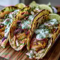 Fresh grilled fish tacos with coconut lime marinade, topped with crunchy cabbage slaw and creamy crema in warm tortillas.  