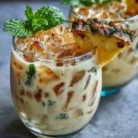 Two glasses filled with chilled pineapple coconut agua fresca, garnished with fresh mint and pineapple wedges, served over ice cubes.