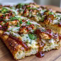 A smoky BBQ chicken flatbread pizza with melted mozzarella, red onion, and fresh cilantro on a crisp crust.  