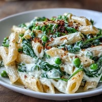 Creamy One-Pot Lemon Ricotta Pasta with peas and wilted spinach.
