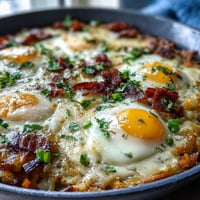 Loaded hash brown skillet with runny eggs and crispy bacon, perfect for brunch.